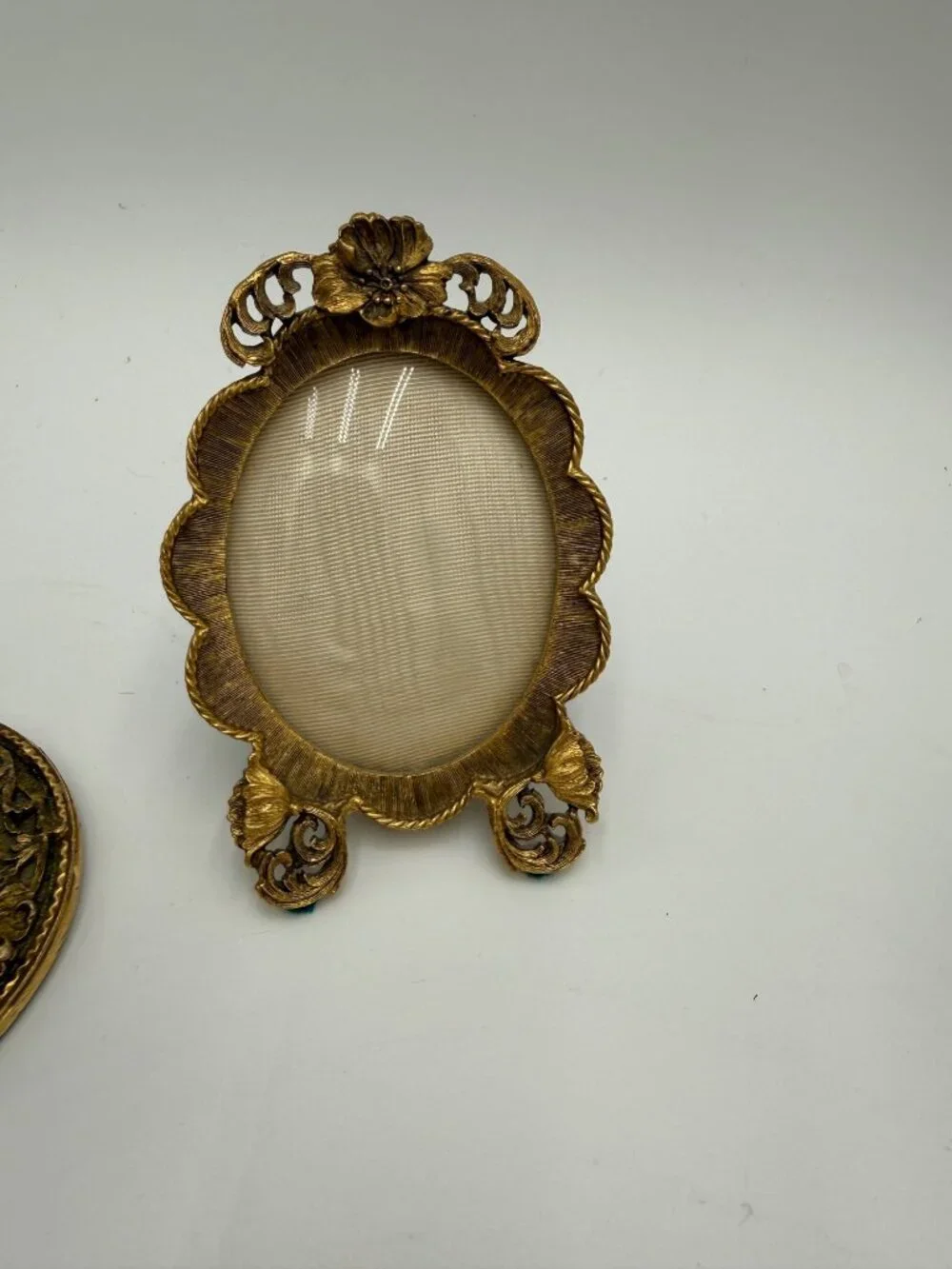 Vintage Gold Vanity Set With Hand Mirror Comb Brush Tray Jewelry Box & Small Fra